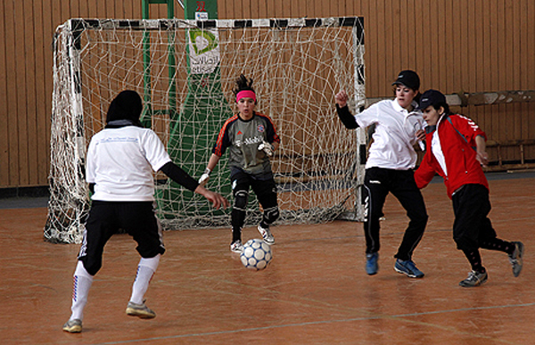 Afghan girls competing in a football tournament. Kabul, 2011.<br />
